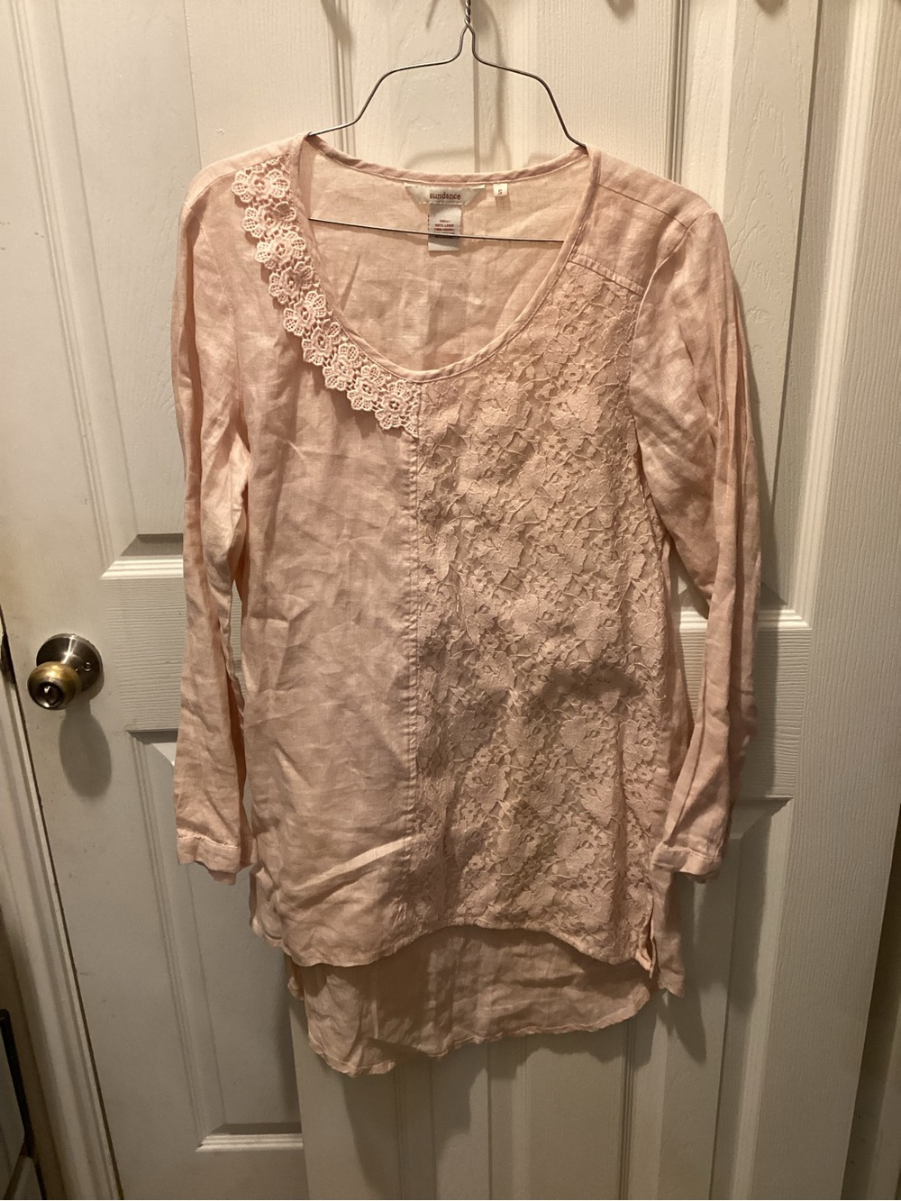 Sundance Linen Lace Panel Long Sleeve Tunic - Pale Pink